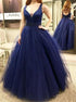 Navy Ball Gown V Neck Tulle Beadings Prom Dresses LBQ1395